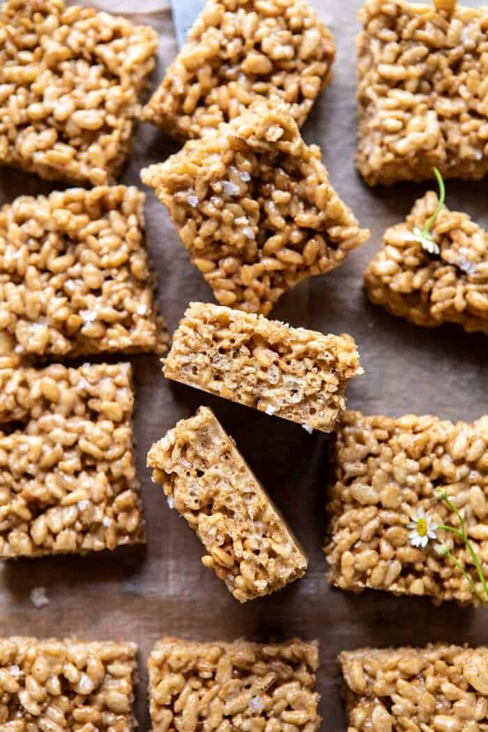 Better Than Mom's Brown Butter Rice Krispie Treats | halfbakedharvest.com #ricekrispietreats #healthier #easy #backtoschool #dessert overhead close up photo of Better Than Mom's Brown Butter Rice Krispie Treats