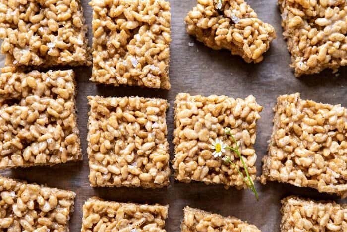 Better Than Mom's Brown Butter Rice Krispie Treats | halfbakedharvest.com #ricekrispietreats #healthier #easy #backtoschool #dessert horizontal photo of Better Than Mom's Brown Butter Rice Krispie Treats
