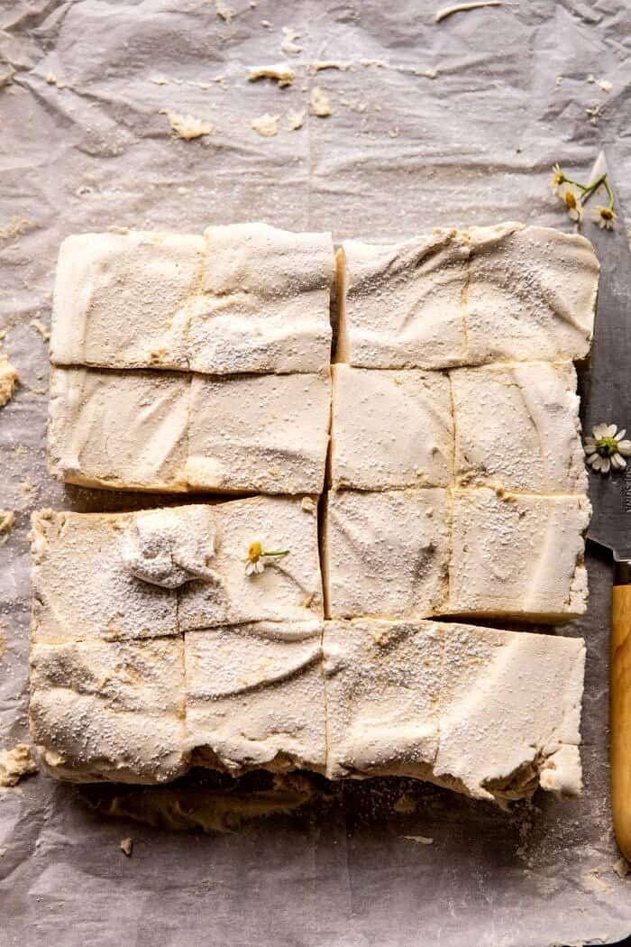 Better Than Mom's Brown Butter Rice Krispie Treats | halfbakedharvest.com #ricekrispietreats #healthier #easy #backtoschool #dessert overhead photo of homemade honey marshmallows