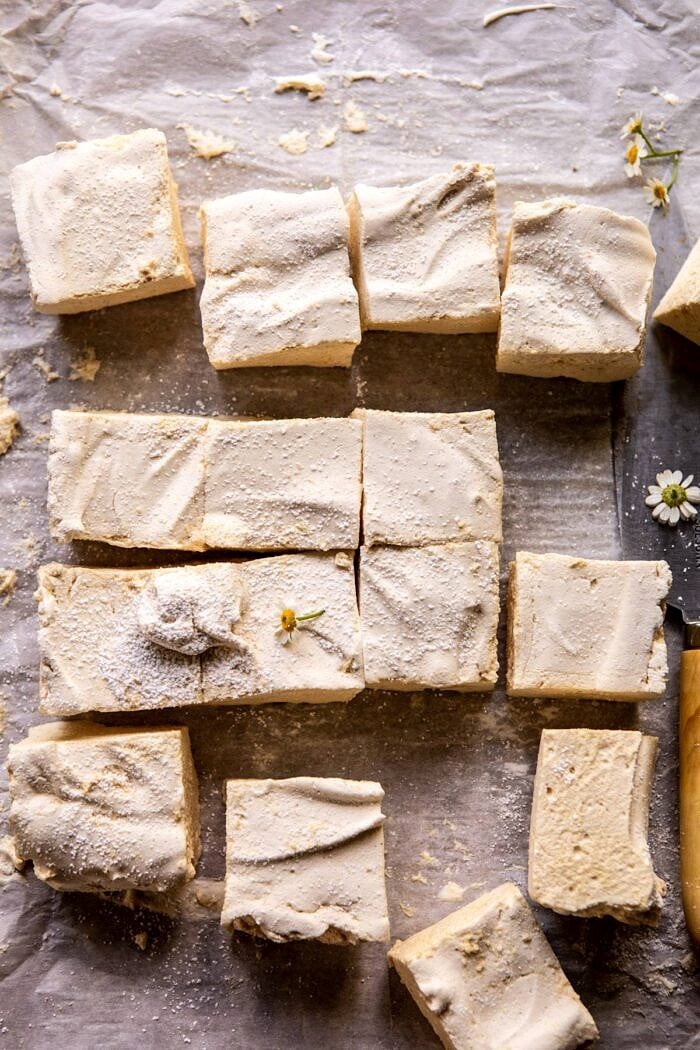Better Than Mom's Brown Butter Rice Krispie Treats | halfbakedharvest.com #ricekrispietreats #healthier #easy #backtoschool #dessert overhead photo of homemade honey marshmallows