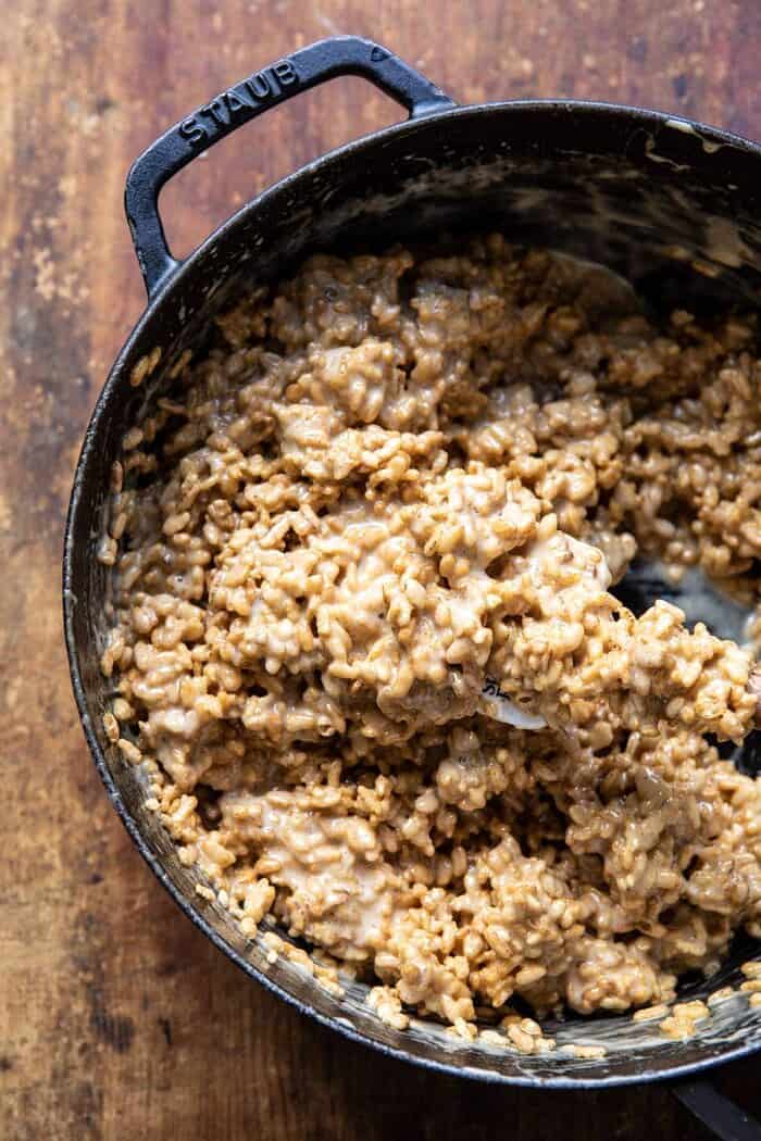 Better Than Mom's Brown Butter Rice Krispie Treats | halfbakedharvest.com #ricekrispietreats #healthier #easy #backtoschool #dessert Better Than Mom's Brown Butter Rice Krispie Treats in pot before being pressed into bars
