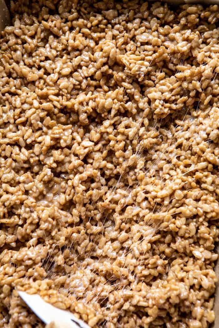 Better Than Mom's Brown Butter Rice Krispie Treats | halfbakedharvest.com #ricekrispietreats #healthier #easy #backtoschool #dessert Better Than Mom's Brown Butter Rice Krispie Treats in baking pan