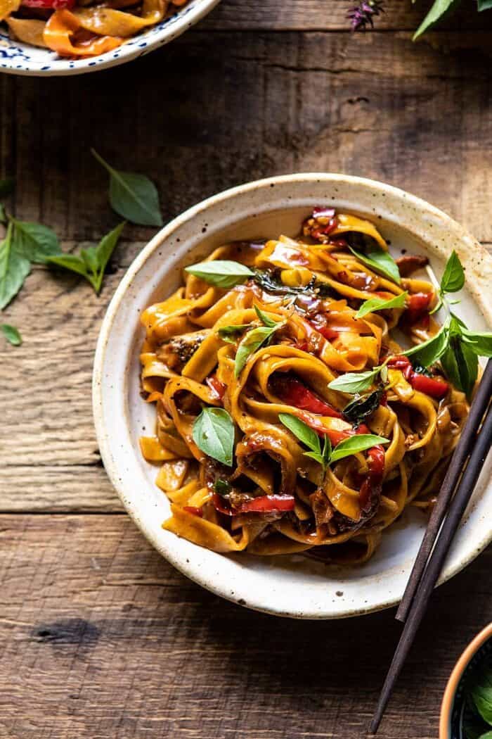 Better Than Takeout Thai Drunken Noodles | halfbakedharvest.com #takeout #noodles #weeknightrecipe #Thai overhead close up photo of Better Than Takeout Thai Drunken Noodles