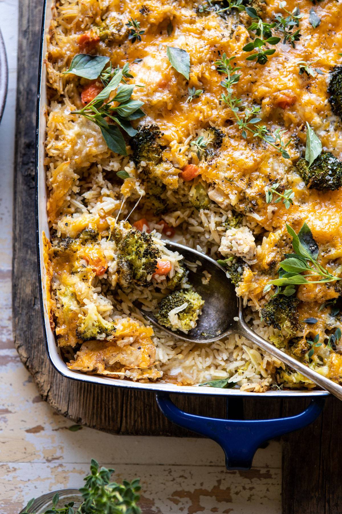 Broccoli Cheddar Chicken and Rice Casserole | halfbakedharvest.com #casserole #healthyrecipes #familyrecipes #chickenandrice