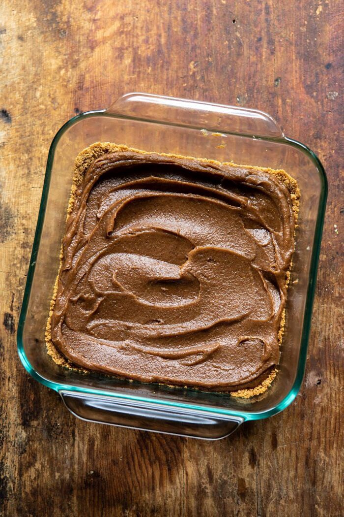 Healthier Banoffee Pie | halfbakedharvets.com #dessert #vegan #easyrecipes #healthy #chocolate #banana overhead photo of date caramel