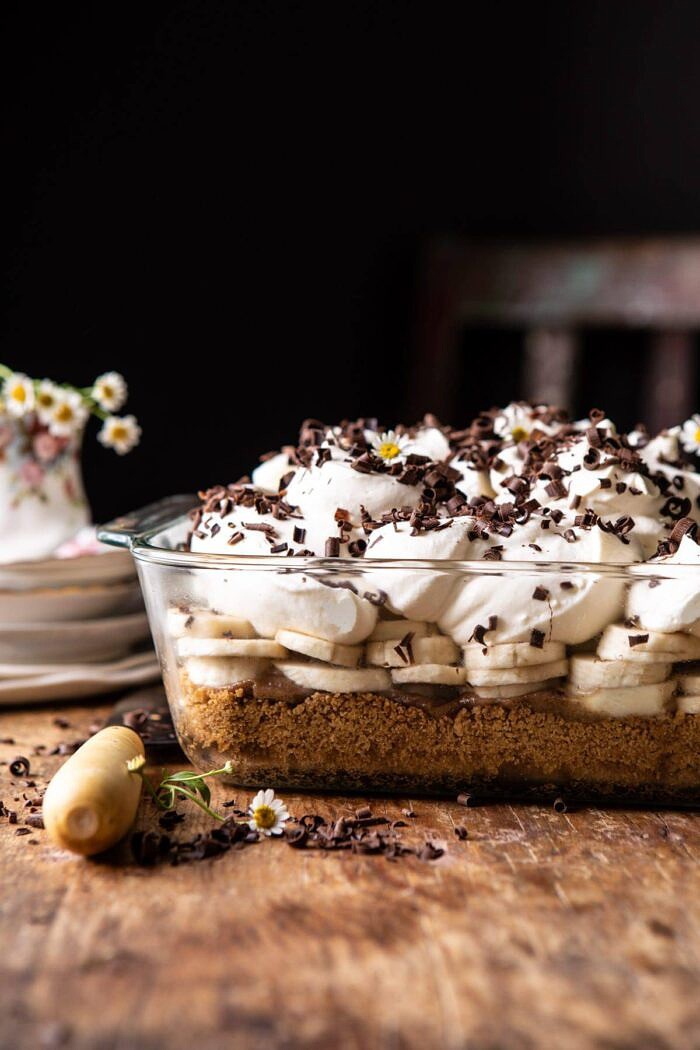 Healthier Banoffee Pie | halfbakedharvets.com #dessert #vegan #easyrecipes #healthy #chocolate #banana side angled close up photo of Healthier Banoffee Pie