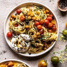 Jammy Cherry Tomato Pasta with Crisp Lemon Rosemary Chickpeas | halfbakedharvest.com #pasta #tomatoes #burrata