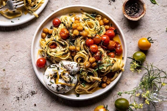 horizontal photo of Jammy Cherry Tomato Pasta with Crisp Lemon Rosemary Chickpeas 