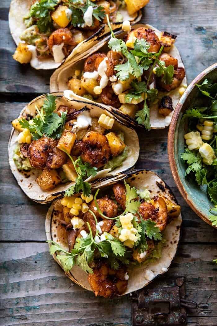 Sheet Pan Hawaiian Pineapple Shrimp Tacos | halfbakedharvest.com #sheetpan #tacos #easyrecipes #seafood overhead close up photo of Sheet Pan Hawaiian Pineapple Shrimp Tacos