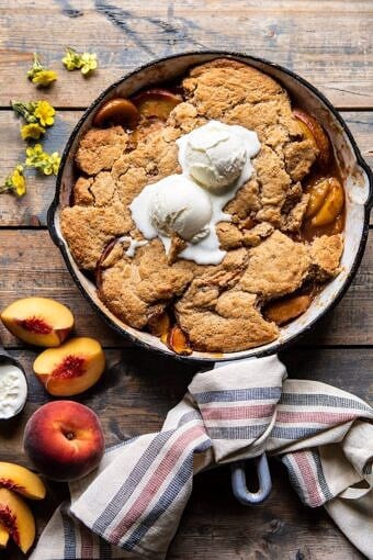Skillet Brown Sugar Peach Cobbler | halfbakedharvest.com #peach #summer #easyrecipes #cobbler