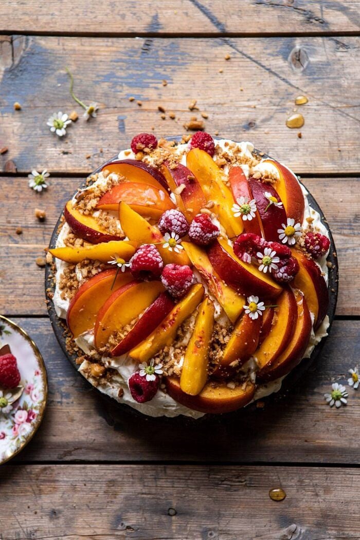 Peaches and Cream Pretzel Pie | halfbakedharvest.com #pie #peach #summer #dessert #easy overhead photo of Peaches and Cream Pretzel Pie