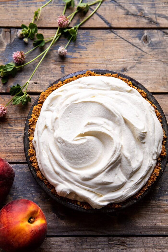 Peaches and Cream Pretzel Pie | halfbakedharvest.com #pie #peach #summer #dessert #easy overhead photo of Peaches and Cream Pretzel Pie before adding the peaches