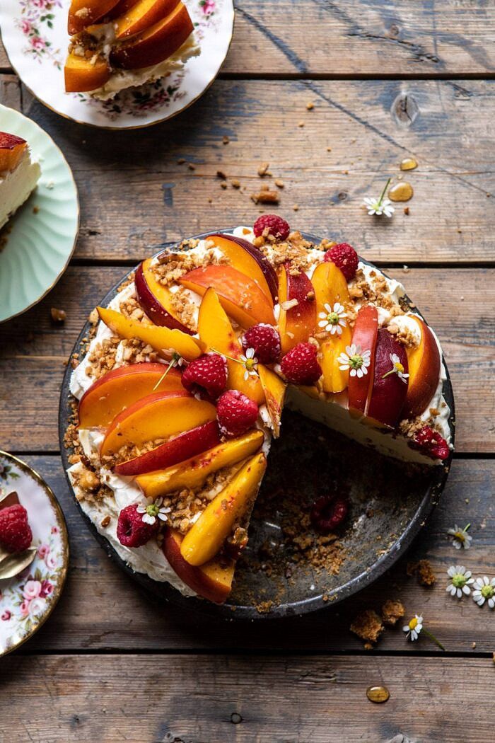 Peaches and Cream Pretzel Pie | halfbakedharvest.com #pie #peach #summer #dessert #easy overhead photo of Peaches and Cream Pretzel Pie with 2 slices of pie removed from pie plate