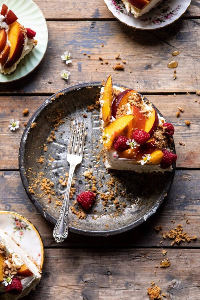 Peaches and Cream Pretzel Pie | halfbakedharvest.com #pie #peach #summer #dessert #easy overhead photo of Peaches and Cream Pretzel Pie slice in pan