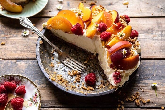 Peaches and Cream Pretzel Pie | halfbakedharvest.com #pie #peach #summer #dessert #easy horizontal photo of Peaches and Cream Pretzel Pie