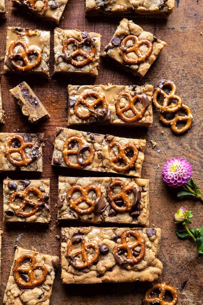 overhead photo of Chocolate Peanut Butter Pretzel Blondies