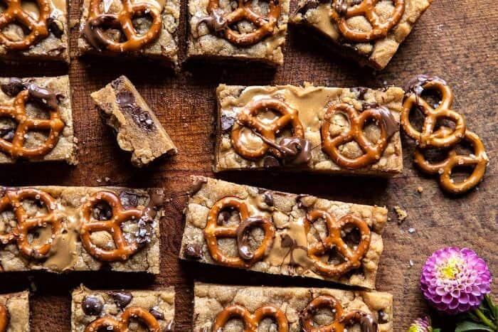 horizontal photo of Chocolate Peanut Butter Pretzel Blondies 