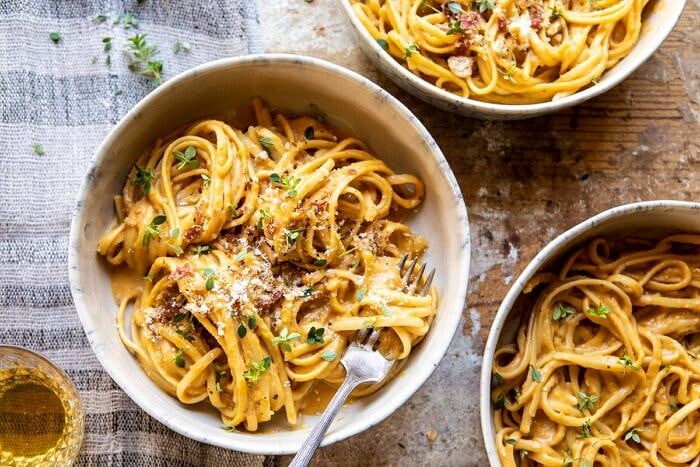 horizontal photo of Creamy Butternut Squash Alla Vodka Pasta 