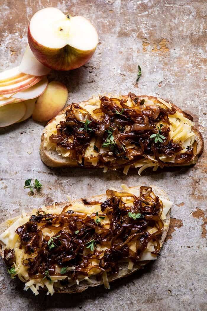 overhead prep photo of French onions being added to grilled cheese