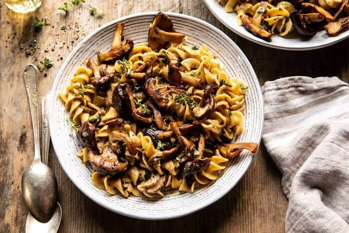 horizontal overhead photo of Herby Buttered Mushroom Stroganoff 