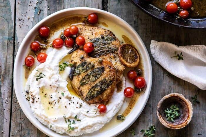 horizontal photo of Sage Lemon Butter Chicken Piccata with Mashed Cauliflower 