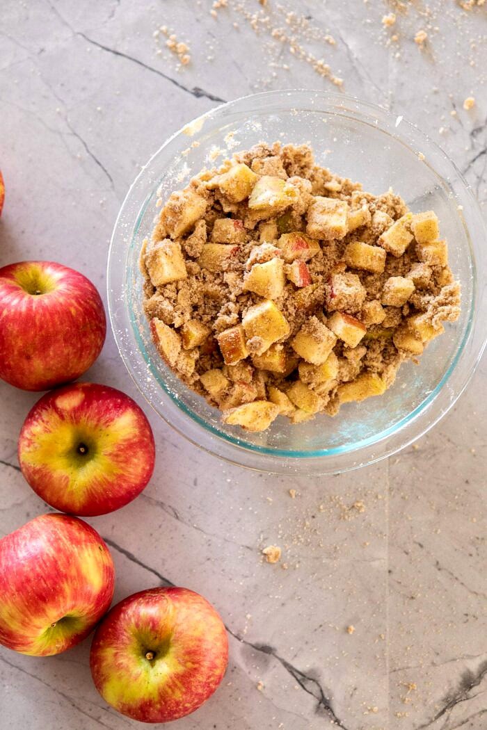 Spiced Pecan Apple Cider Doughnut Cake | halfbakedharvest.com #applecider #cake #easyrecipes #fall #autumn #baking overhead photo of apple streusel