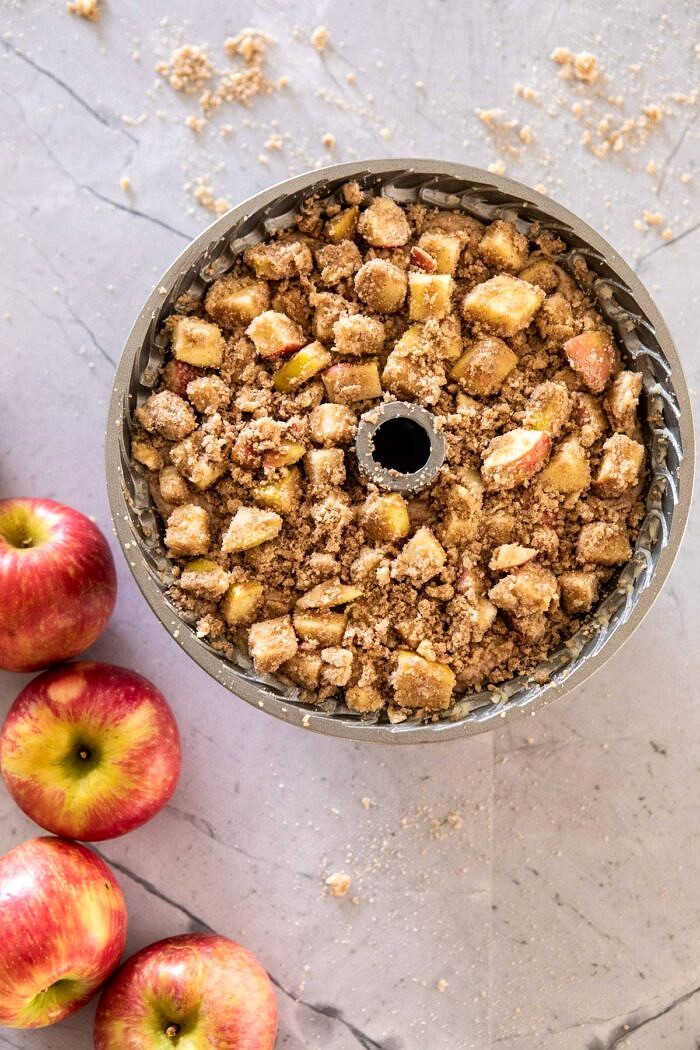 Spiced Pecan Apple Cider Doughnut Cake | halfbakedharvest.com #applecider #cake #easyrecipes #fall #autumn #baking overhead photo of Spiced Pecan Apple Cider Doughnut Cake before baking