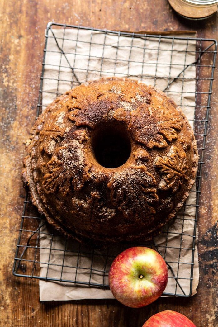 Spiced Pecan Apple Cider Doughnut Cake | halfbakedharvest.com #applecider #cake #easyrecipes #fall #autumn #baking overhead photo of Spiced Pecan Apple Cider Doughnut Cake after baking on cooking rack