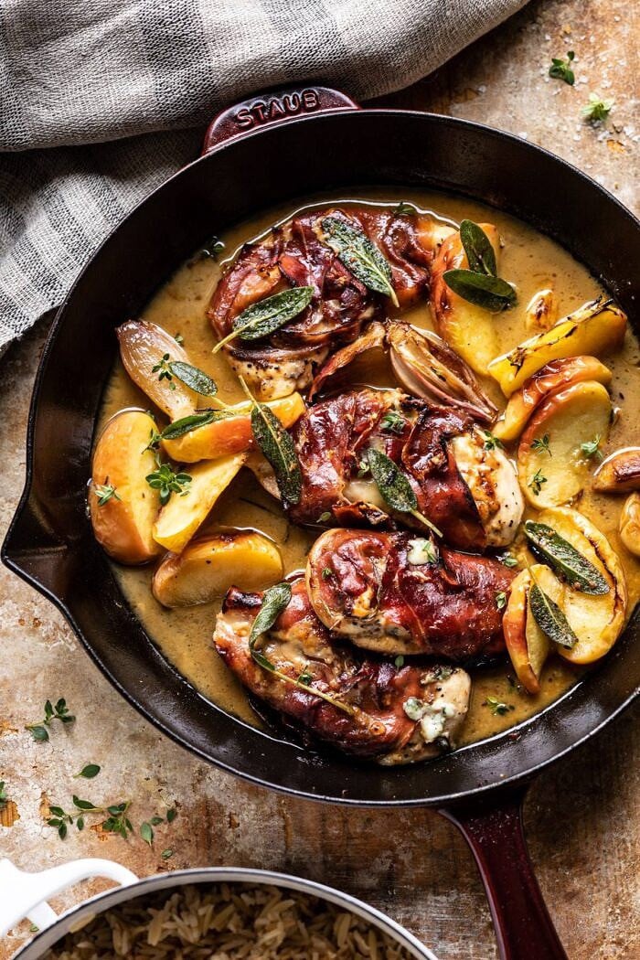Prosciutto Apple and Sage Butter Chicken with Cider Pan Sauce | halfbakedharvest.com #chicken #apples #fallrecipes #skillet