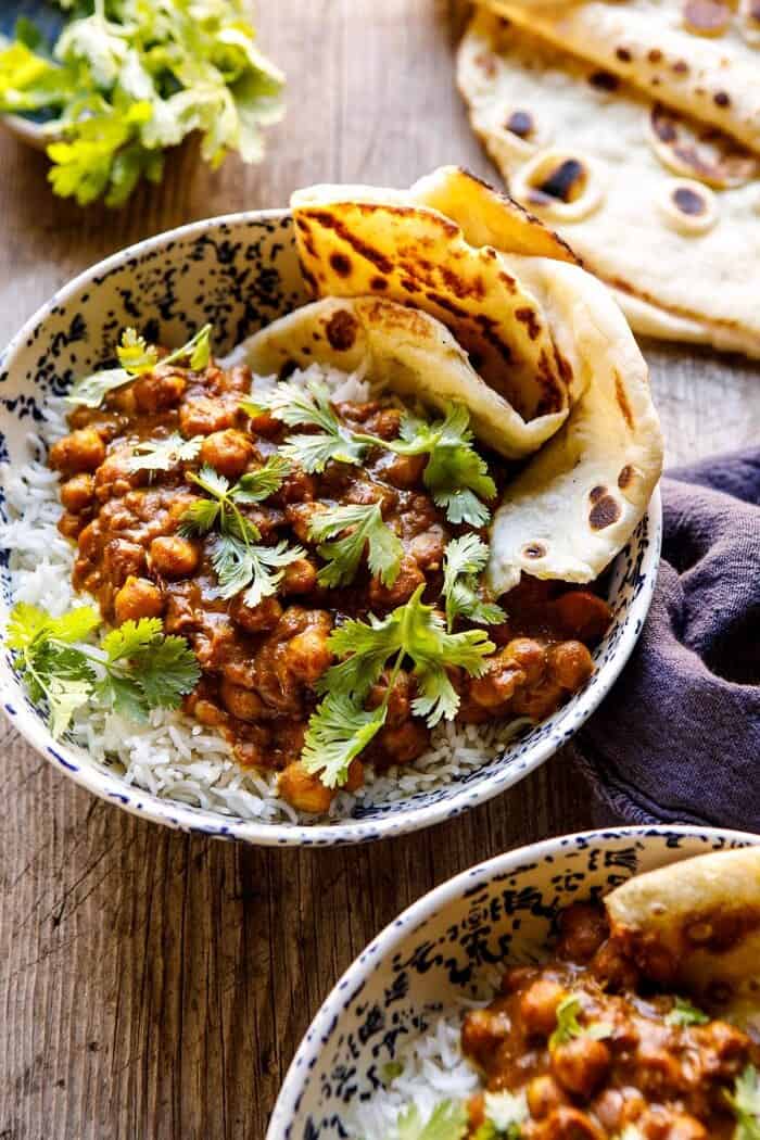 side angled close up photo of 30 Minute Indian Pumpkin Butter Chickpeas