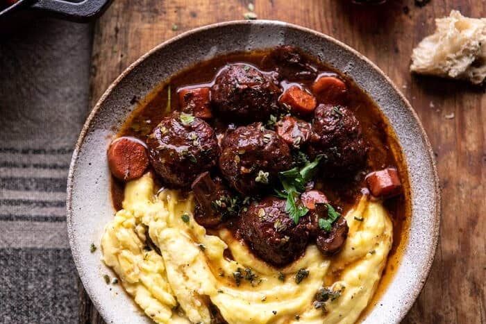 30 Minute Coq au Vin Chicken Meatballs with browned Butter Mashed Potatoes | halfbakedharvest.com #meatballs #easyrecipe #dinner horizontal photo of 30 Minute Coq au Vin Chicken Meatballs with browned Butter Mashed Potatoes