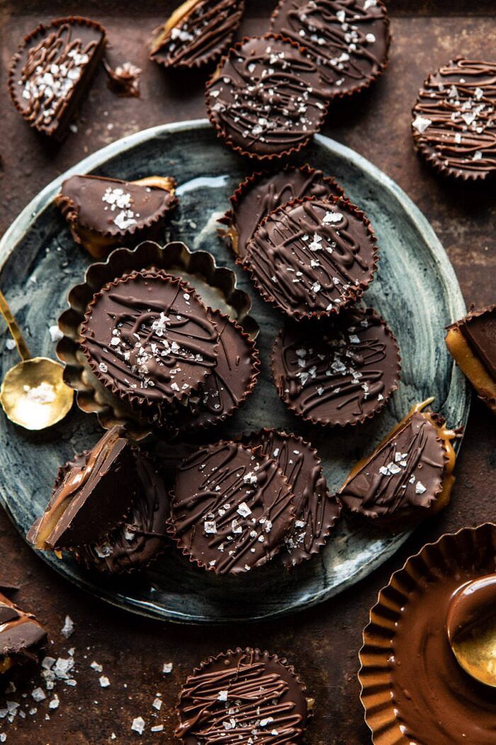 6 Ingredient Milk Chocolate Salted Caramel Cups | halfbakedharvest.com #chocolate #caramel #easy #fall overhead photo of 6 Ingredient Milk Chocolate Salted Caramel Cups