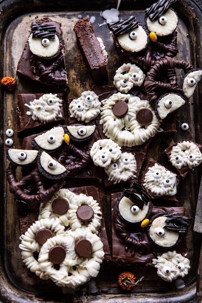 overhead photo of BOO! Spooky Monster Chocolate Covered Pretzel Brownies after being cut into bars