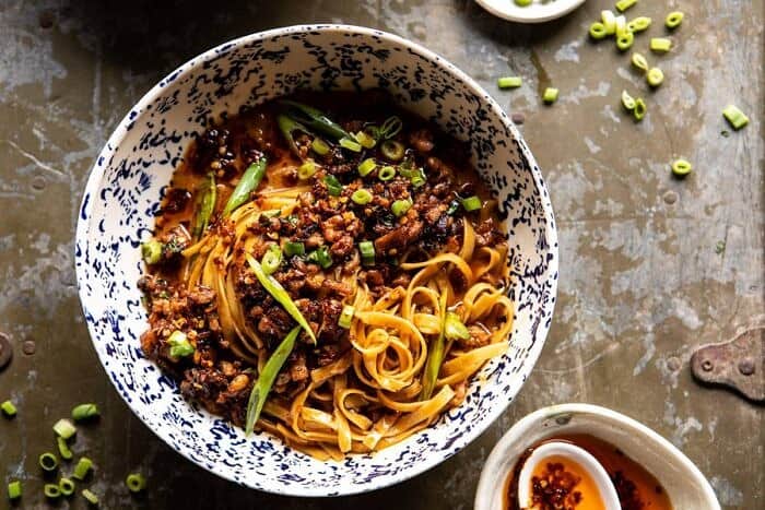 horizontal overhead photo of Better Than Takeout Dan Dan Noodles 