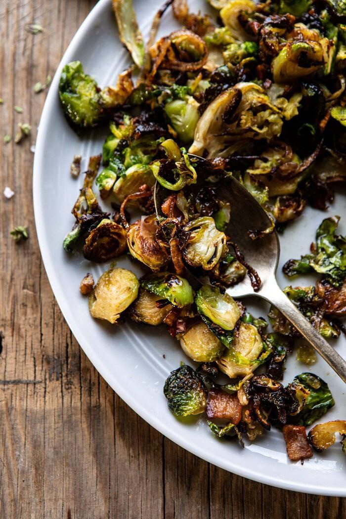 Brown Butter Brussels Sprout and Bacon Ravioli | halfbakedharvest.com #ravioli #pasta #easyrecipes #brusselssprouts photo of crispy brussels sprouts