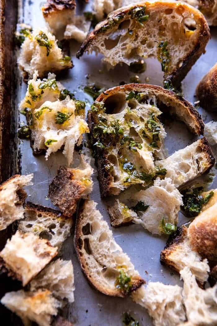 Garlic Herb Breadcrumbs on baking sheet before baking 