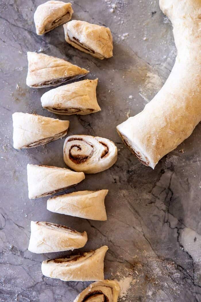 Easy Swirled Cinnamon Sugar Croissant Loaf | halfbakedharvest.com #cinnamon #fall #bread #croissants dough after cutting into rolls