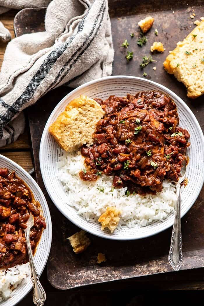 overhead photo of Healthier 30 Minute Beer Braised Chicken with fork in bowl 
