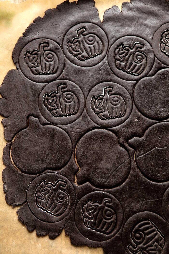 overhead photo of Chocolate Jack-O’-Lantern Cookies before baking