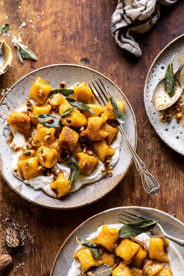 Pumpkin Cauliflower Gnocchi with Nutty Browned Butter and Whipped Ricotta | halfbakedharvest.com #pumpkin #cauliflower #gnocchi #fall #easy