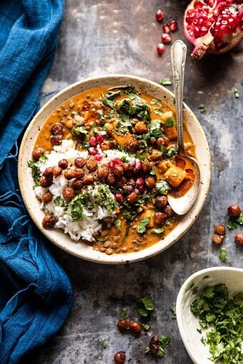 Sweet Potato Lentil Curry with Crispy Sesame Chickpeas | halfbkaedharvest.com #healthy #vegan #easyrecipes #fallrecipes