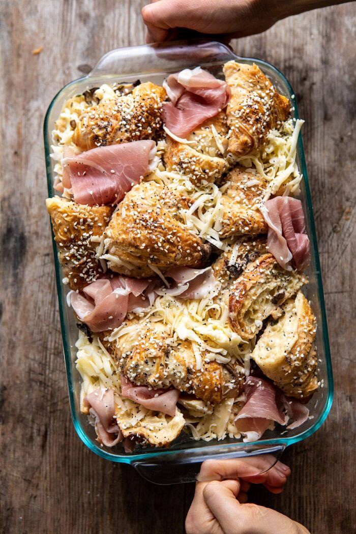 Ham and Cheese Croissant Bake | halfbakedharvest.com #brunch #breakfast #holiday #Christmas overhead photo of Ham and Cheese Croissant Bake before baking