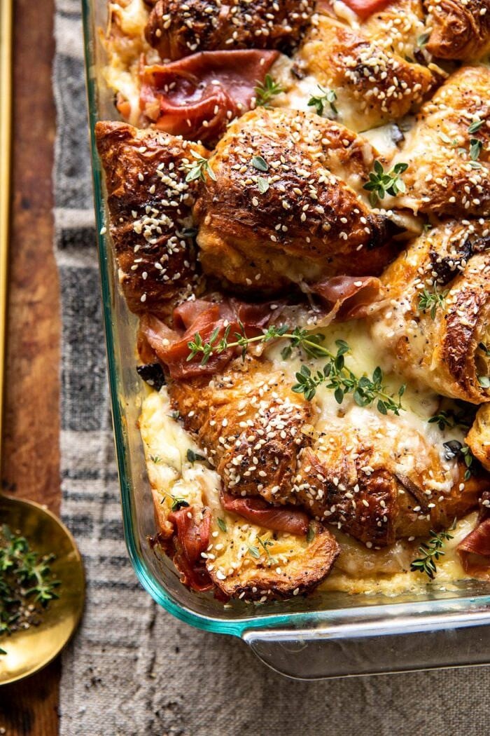 Ham and Cheese Croissant Bake | halfbakedharvest.com #brunch #breakfast #holiday #Christmas overhead close up photo of Ham and Cheese Croissant Bake