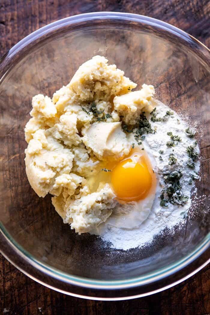 One Pot Creamy Turkey and Potato Dumplings | halfbakedharvest.com #turkey #dumplings #thanksgiving Potato Dumpling mix in mixing bowl