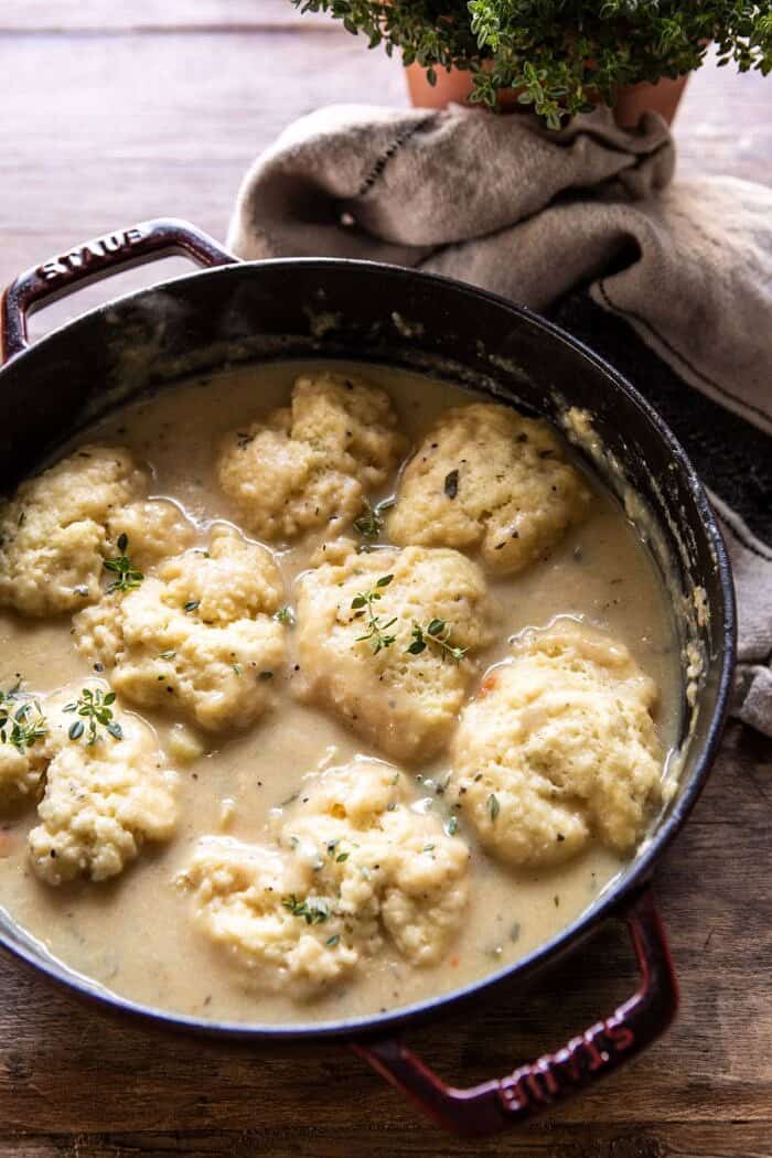 One Pot Creamy Turkey and Potato Dumplings | halfbakedharvest.com #turkey #dumplings #thanksgiving overhead photo of One Pot Creamy Turkey and Potato Dumplings in pot