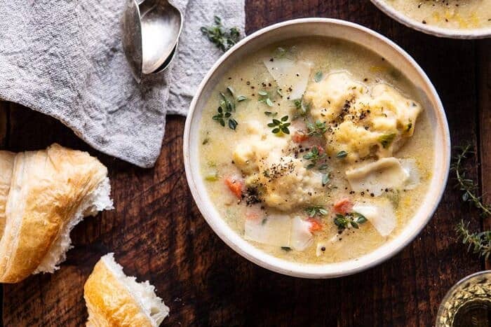 One Pot Creamy Turkey and Potato Dumplings | halfbakedharvest.com #turkey #dumplings #thanksgiving horizontal photo of One Pot Creamy Turkey and Potato Dumplings in soup bowl