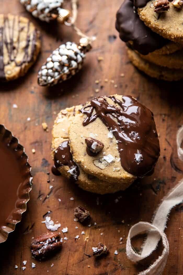 Slice n Bake Salted Chocolate Butter Pecan Cookies | halfbakedharvest.com #cookies #christmas #thanksgiving #chocolate overhead photo of Slice n Bake Salted Chocolate Butter Pecan Cookies