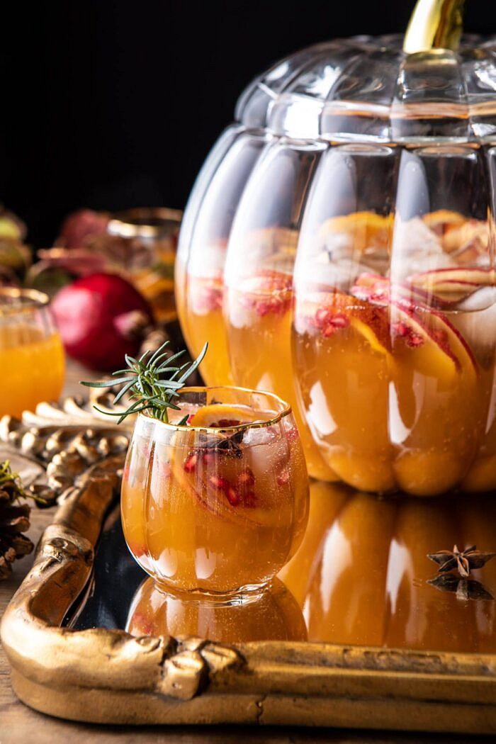 close up photo of Thanksgiving Sangria in pumpkin glass 