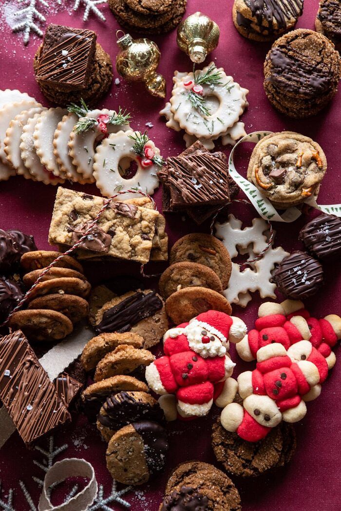 overhead photo of 2019 Holiday Cookies all together on table before adding to box