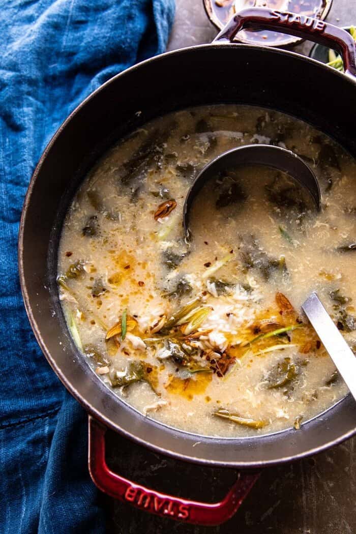 overhead photo 30 Minute Chinese Egg Drop Chicken Rice Soup in soup pot with ladle in soup